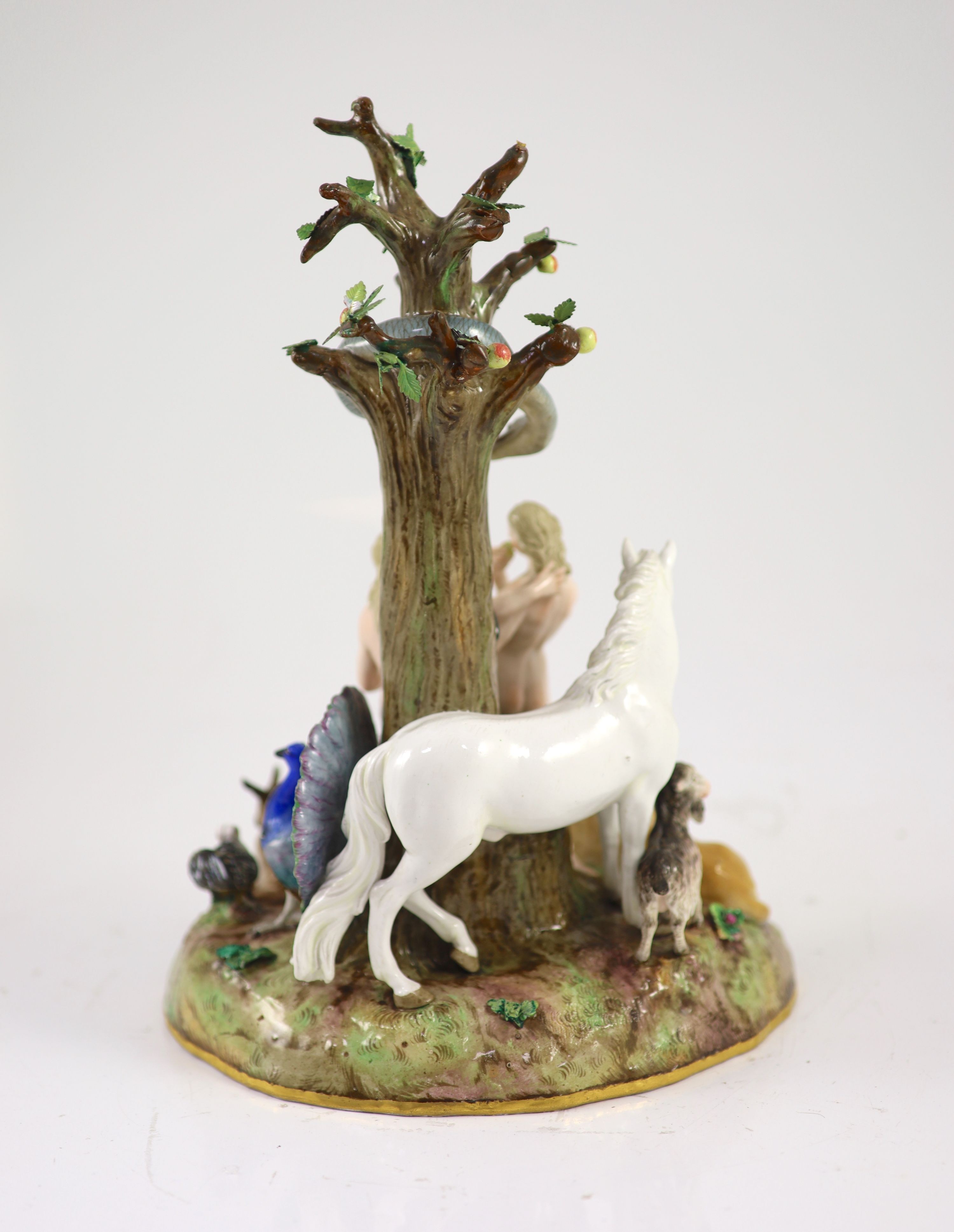 A Meissen figural group of the Garden of Eden, 19th century, 32 cm high, losses and restoration